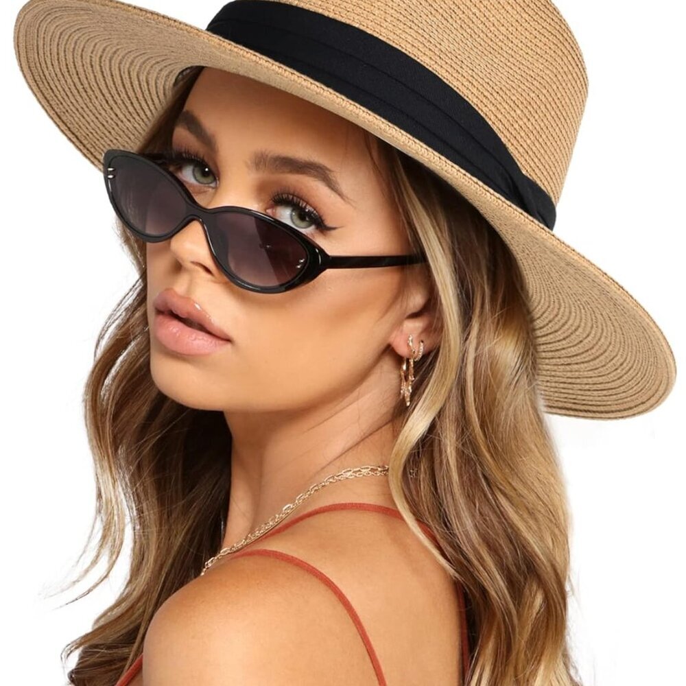 Womens Mens Wide Brim Straw Panama Hat Fedora Summer Beach Sun Hats UPF Straw Ha